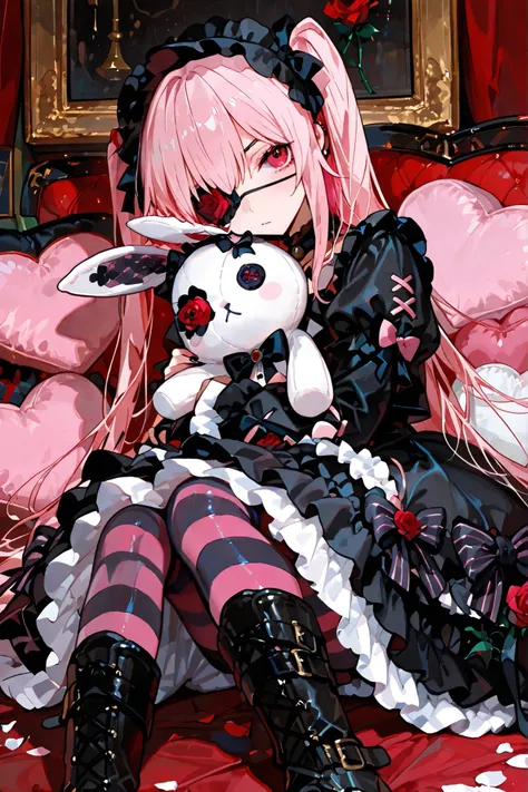 (masterpiece:1.3, Highest Quality :1.3, detailed description :1.3, high resolution :1.3, High Quality Anime Paintings ), ( 1 girl\ Gothic Lolita,long skirt,long gown, Big black boots , Black and Pink Striped Tights , Rose-patterned eyepatch ...