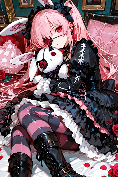 (masterpiece:1.3, Highest Quality :1.3, detailed description :1.3, high resolution :1.3, High Quality Anime Paintings ), ( 1 girl\ Gothic Lolita,long skirt,long gown, Big black boots , Black and Pink Striped Tights , Rose-patterned eyepatch ...