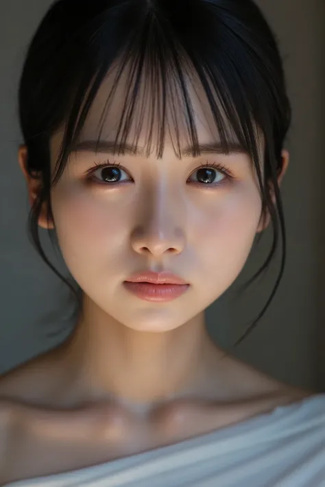 ((facial close-up:1.5, A close-up of just the face)), 
This photo captures a beautiful Japanese woman. off shoulder, neutral expression, sharp focus, 
Beautiful face, super high quality, natural, soft and gentle gaze, 
High resolution, the texture of her s...