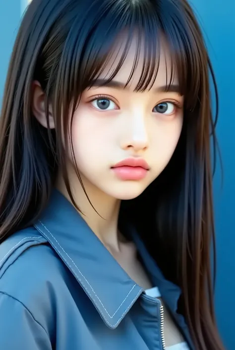 8k , masterpiece , Highest Quality , 23 year old beautiful Korean woman , wearing headlace with name color blue "May" , pure white straight hair , dark eyebrows , thick eyelashes , direct line of sight , No expression , warm blue eyes , blue parka jacket...