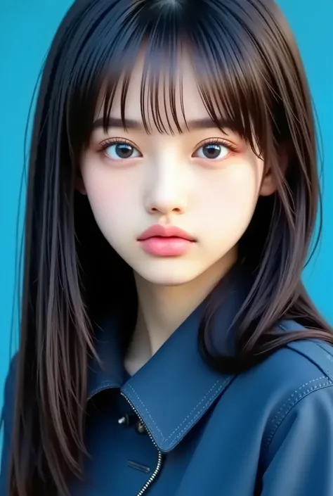 8k , masterpiece , Highest Quality , 23 year old beautiful Korean woman , wearing headlace with name color blue "May" , pure white straight hair , dark eyebrows , thick eyelashes , direct line of sight , No expression , warm blue eyes , blue parka jacket...