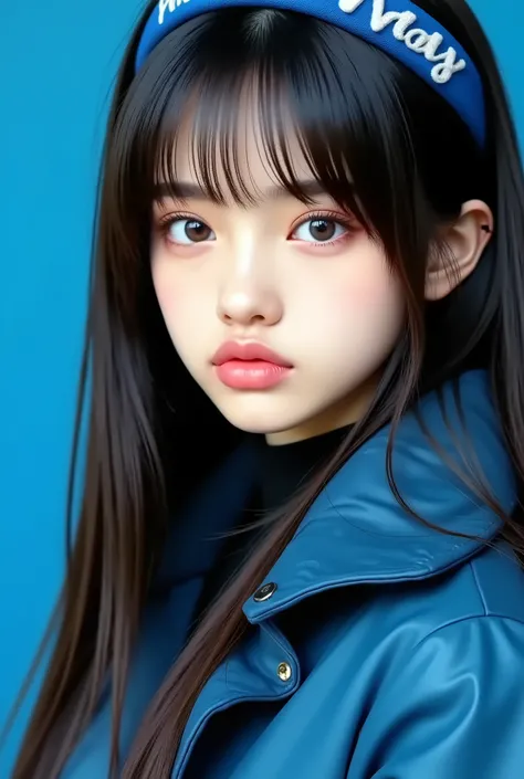 8k , masterpiece , Highest Quality , 23 year old beautiful Korean woman , wearing headlace with name color blue "May" , pure white straight hair , dark eyebrows , thick eyelashes , direct line of sight , No expression , warm blue eyes , blue parka jacket...