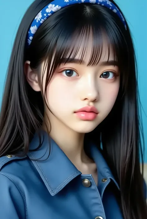 8k , masterpiece , Highest Quality , 23 year old beautiful Korean woman , wearing headlace with name color blue "May" , pure white straight hair , dark eyebrows , thick eyelashes , direct line of sight , No expression , warm blue eyes , blue parka jacket...