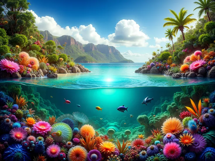 A vibrant forest ecosystem stretches from a mountain ridge in the background to a coral reef in the foreground, with a diverse array of flora and fauna throughout, including tall trees, lush green vegetation, and exotic flowers on the ridge, giving way to ...