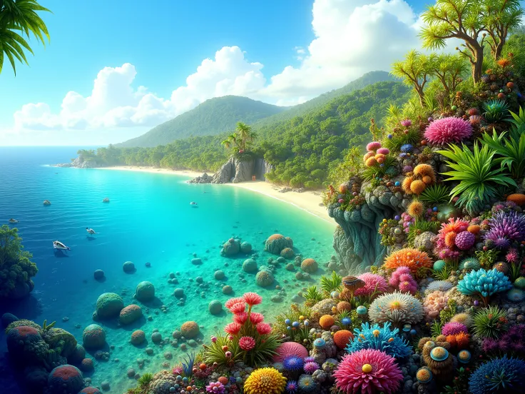 A vibrant forest ecosystem stretches from a mountain ridge in the background to a coral reef in the foreground, with a diverse array of flora and fauna throughout, including tall trees, lush green vegetation, and exotic flowers on the ridge, giving way to ...