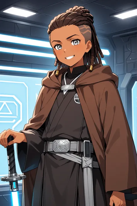undercut,masterpiece, high quality, ultra-detailed, (1boy), dark skin color, (black Jedi robes), Jedi attire, handsome guy, inspired by starwars, Jedi knight attire, jedi robes, grey belt, Brown Jedi cloak, silver eyes, (Pale Silver eye color), (Dark brown...