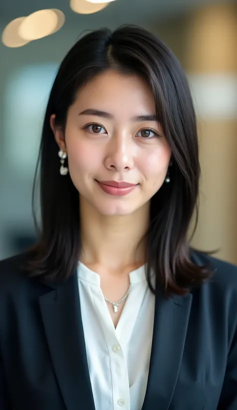 Neat Young Woman、and look at the camera、office lady suit、jacket、shirt、necklace、、ear piercing、dark haired、No expression、face close-up、The background is office
