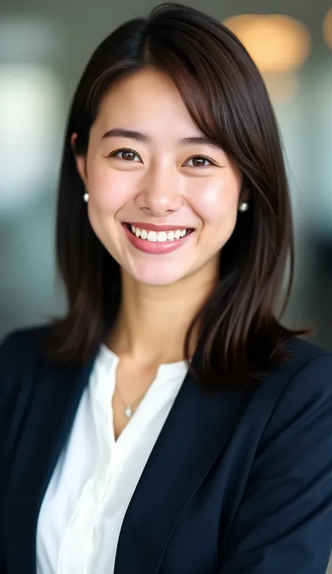 Neat Young Woman、and look at the camera、office lady suit、jacket、shirt、ネックレス、、ear piercing、、smile showing teeth、顔のクローズアップ、背景はオフィス
