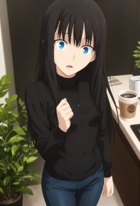 <lora:KnK_ryogi_manaXLIllustrious001>,
masterpiece,best quality,good quality,newest, from above,
indoor ,plant,
 ,drink coffee,
looking at viewer,
solo, mature female,(slim body ,slender body) ,
anime coloring,
ryogi_mana\(kara_no_kyoukai\),1girl,black hai...