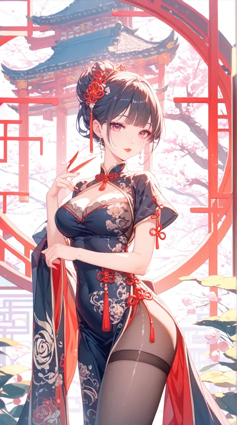 woman in a Chinese dress、slim silhouette、Back Lace、Sexy Slits、Shiny Fabric、Elegant posture、plump breasts、Long Eyes、red lips、Classical Chinese Architecture Background