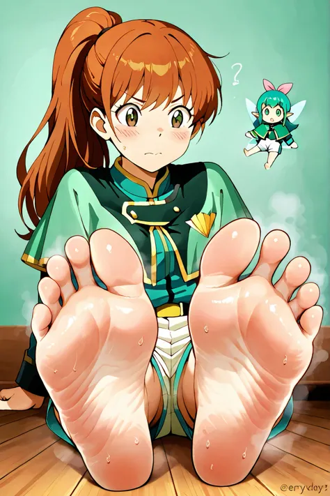 senauniform , green eyes, very cute fairy woman in white shorts creating a document, green capelet,,brown eyes, long hair, ponytail, relaxing with the soles of the feet facing forward、Flexible pose、Bold Configuration、Highest Quality、Close-up of legs、sole ...