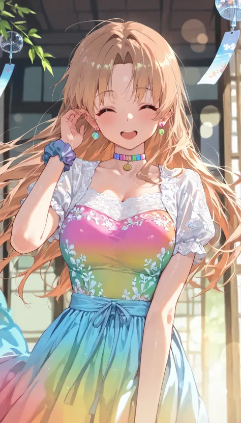 (Best Quality, super detailed, masterpiece, 8k, 16k, Wallpaper, Anatomically correct, fine detailed skin, fine detailed eyes, fine detailed hands, Accurate hands), 1 girl, 14 years old, laugh, closed eyes, medium chocolate hair, parted bangs, (hair swaying...