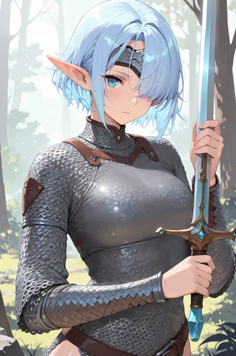 ((best quality)), ((masterpiece)), (detailed), 1girl, sexy, elf, light blue hair, short hair, shiny hair, hair over one eye, forehead protector, pointy ears, Grip the sword, hold the sword, Chainmail