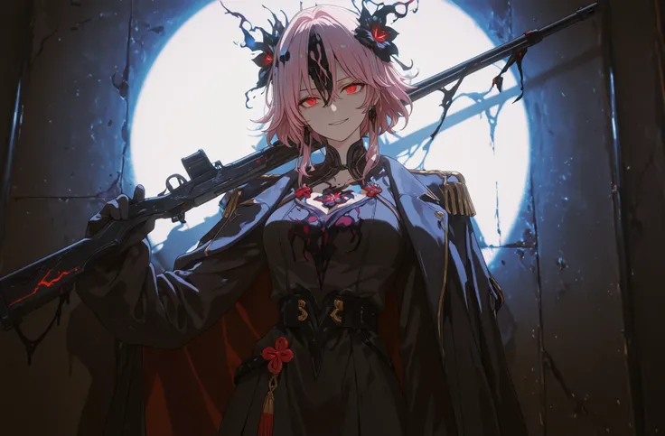 (black mist head:1.44), glowing eyes, holding rifle,FreischutzPM, against the wall, (looking at viewer, portrait shot:1.22),  (medium shot, three quarter shot:1.3), (1girl:0.95), solo, masterpiece, best quality, amazing quality, very aesthetic, high resolu...