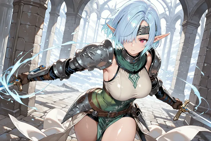 ((best quality)), ((masterpiece)), (detailed), 1girl, sexy, elf, light blue hair, short hair, shiny hair, hair over one eye, forehead protector, pointy ears, hold the sword, steel mail, Magic knight