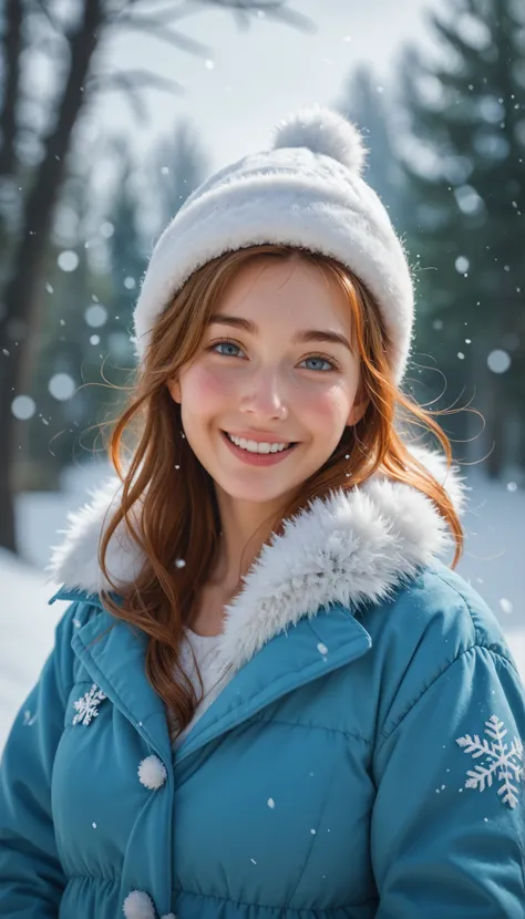 a woman wearing a hjiab and rope around hips in the snow, a portrait, by Antoni Brodowski, shutterstock, digital art, cute mature woman, in a storm, looking upwards to falling floating snow flakes, she tries to catch some snow flakes with her hand, smiling...