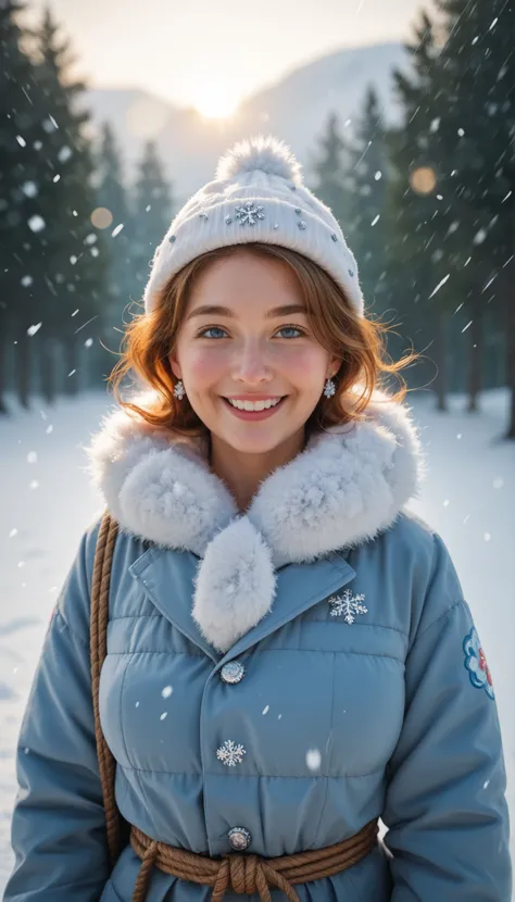 a woman wearing a hjiab and rope around hips in the snow, a portrait, by Antoni Brodowski, shutterstock, digital art, cute mature woman, in a storm, looking upwards to falling floating snow flakes, she tries to catch some snow flakes with her hand, smiling...