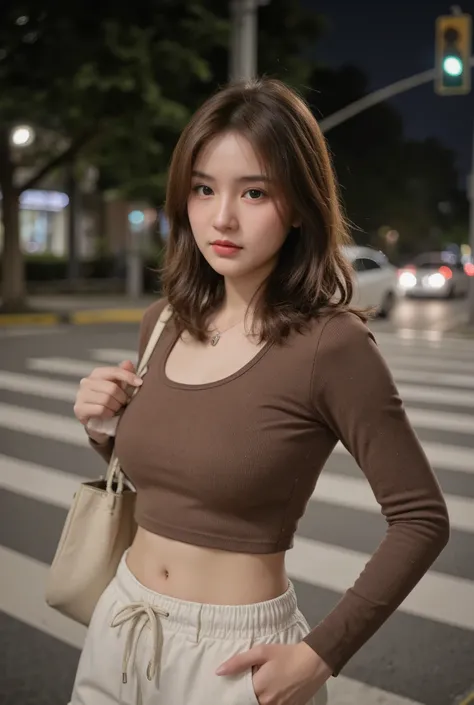 a young Taiwan woman, long slightly wavy hair, big eyes, big pupils, sharp nose, small cute lips, perfect body, tight stomach, wide hips, perfect hips, small navel, (wearing a brown long-sleeved drawstring crop top, wearing white cargo pants below the hips...