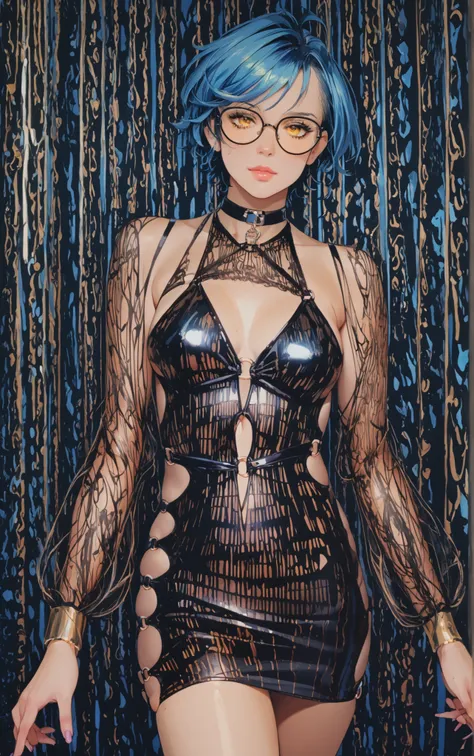 fake breast, round breast,,score_9, score_8_up, score_7_up, score_6_up, 8k, high detailed picture, realistic style, masterpiece, very young girl, no panty, perfect absolutely small breasts, disheveled hair, zhenya_es, ahoge, short hair, blue hair, yellow e...