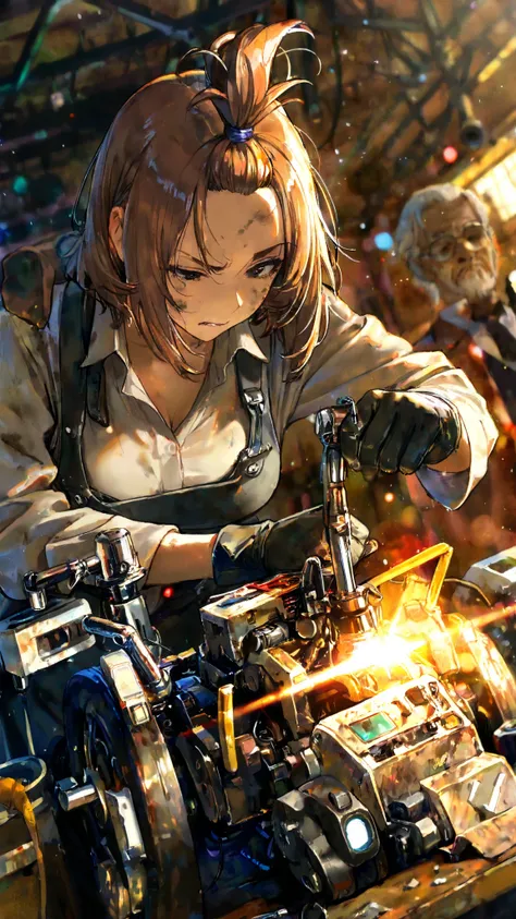 1 adult woman and 1 old man,Apprentice engineer woman,biting own lip,Topknot Hair,Topknot bangs, [forehead exposed:0.6], raised eyebrow, medium breasts,Repairing a large broken robot,Dirty work clothes,is being taught by the craftsman's old man,real,high resolution,4K,HDR,Studio Light,フォトreal,precise texture,Vivid Colors,bokeh,indoor scene,Soft Light,warm atmosphere,Serious Expression of a Girl,Fixing It Effortlessly,Focusing on Machine Parts,Expert technique,realistic illustration full of details,serious,distant shot, character as part of lands, Dutch angle,