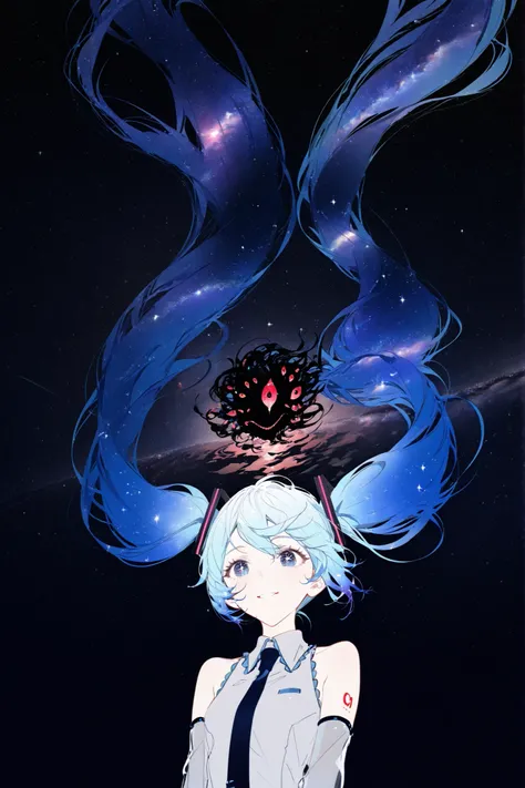 (rsef:0.8),rella,mizumi zumi,yunouou10,58_\(opal_00_58\),roitz \( roitz \),[:lineart,sketch: 15],1girl, hatsune miku, starry sky hair, white pupils, smile, (double exposure, starry sky print, starry sky hair, starry sky eyes:1.35),upper body, iridescent ne...