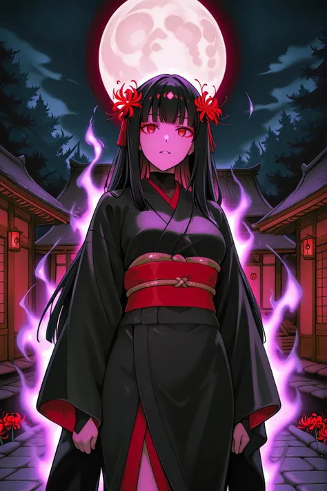 Woman. Black hair. Long hair. Straight bangs. Red eyes. Stylish expression. Red spider lily hair accessory. Japanese kimono. Japanese monk costume. Black costume. Red decoration. Snake entanglement. White snake. Purple fire aura with snake. Night. Forest. ...