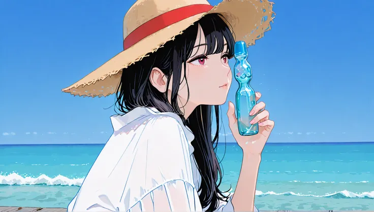 ((Ocean Background))、((alone))、((I'm holding a Ramune bottle in my hand)),、((straw hat)),((looking at the ocean))),((obliquely from behind)),,((black hair semi-long hairstyle with long bangs holding a cat face)),((())),masterpiece, Highest quality, Beautif...
