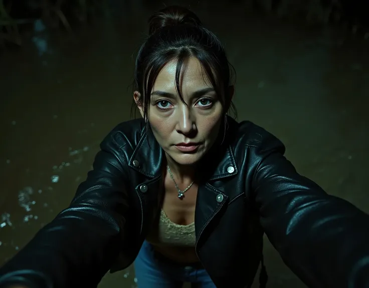 TAGS: night time, blurred background, (First-person selfie), (It's dark all around), woods, The mid-aged native american woman, (Tormented by lust), In jeans and leather jacket, (Drowning in a sludge bog mud), (fetish mood), Looking around. (emaciated:1.6)...