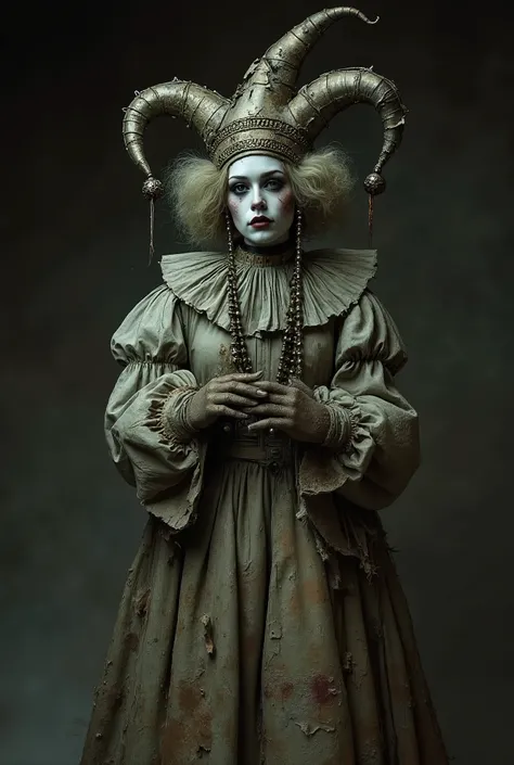 fluxlisimo_drawio, A creepy drag queen costume concept, inspired by the sin of sloth. A doll-like figure with a torn jester hat, worn-out and frayed fabric, dirty textures, eerie puppet silhouette, exaggerated puffed sleeves, decayed carnival look. The fac...