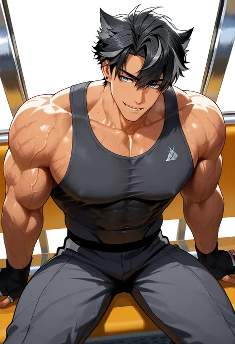 (human) a men Wriothesley , sitting on a train bench , workout clothes, sitting with legs open  , sexy smile, visible muscles veins , with a tank top   , short haircut, black hair, blue Eyes, Light skin. Tanned, trending on bbwchan, top view , inspired by ...