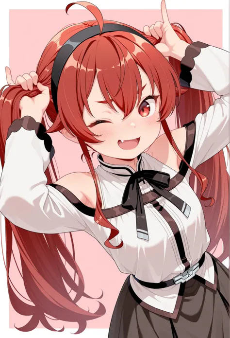 masterpiece,best quality,amazing quality,8k,detailed eyes 1girl, eris_greyrat, red_eyes, red_hair, long_hair, twintails, bunching_hair, fang, looking_at_viewer, blush, smile, dutch_angle, white_border, pink_background, white_shirt, skirt, black_hairband, h...