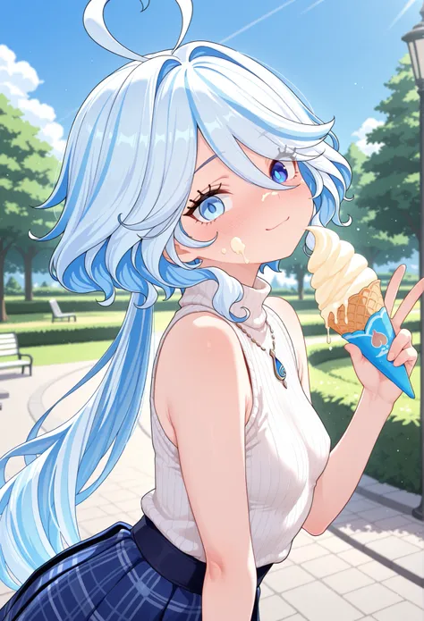 masterpiece,best quality,amazing quality,8k,detailed eyes 1girl, furina_(genshin_impact), white_sweater, sleeveless_sweater, turtleneck_sweater, plaid_skirt, ice_cream, (food_on_face), outdoors, park, sky, day, holding_ice_cream, slight_blush, looking_at_v...