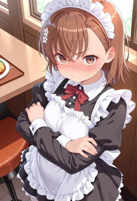 masterpiece,best quality,amazing quality,8k,detailed eyes 1girl, misaka_mikoto, crossed_arms, pout, slight_blush, restaurant, maid, maid_headdress, white_pantyhose, dress, puffy_long_sleeves,