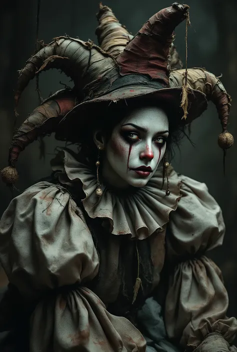 fluxlisimo_drawio, A creepy drag queen costume concept, inspired by the sin of sloth. A doll-like figure with a torn jester hat, worn-out and frayed fabric, dirty textures, eerie puppet silhouette, exaggerated puffed sleeves, decayed carnival look. The fac...