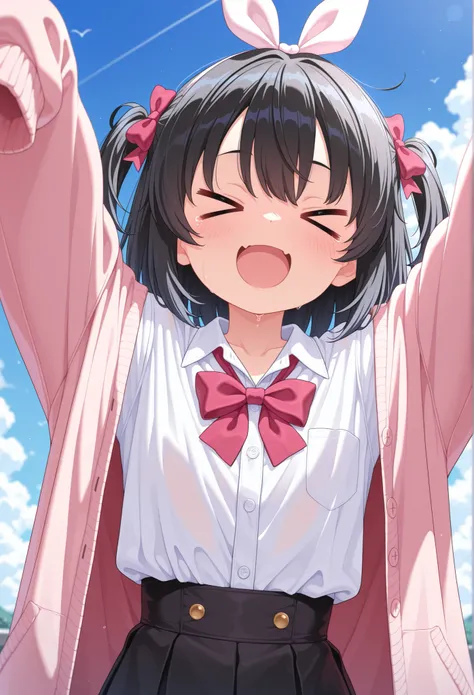 masterpiece,best quality,amazing quality,8k,detailed eyes 1girl, black_hair, two_side_up, medium_hair, hair_bow, pink_cardigan, collared_shirt, white_shirt, bowtie, high-waist_skirt, black_skirt, sleeves_past_fingers, arms_up, arms_above_head, happy, (> <:...