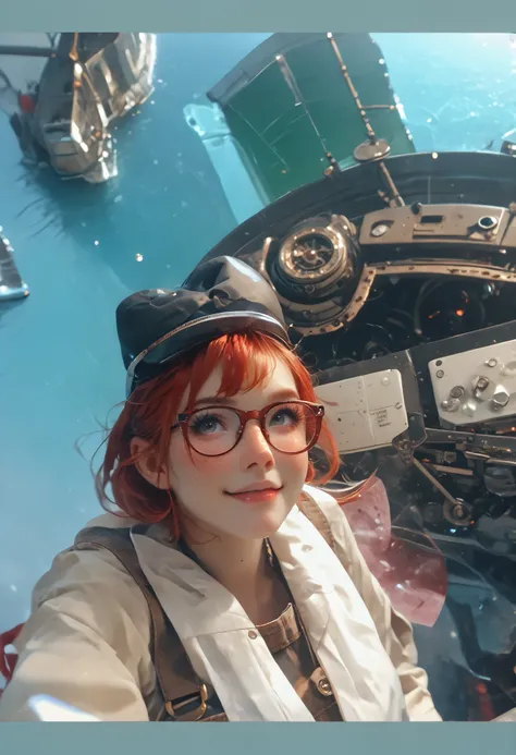 1 girl, short red hair, glasses, freckles, overalls,  smiling,  