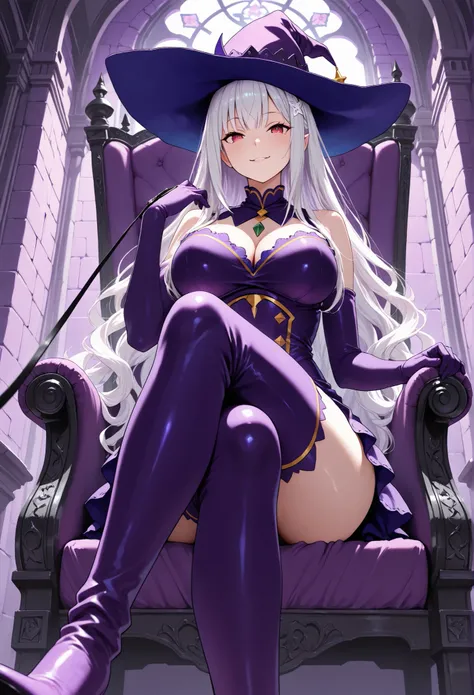 solo, alone, 1gril, masterpiece, ultra deteilled, emilia, long hair, loose hair, white hair, wavy hair, red eyes, big breast, whitch, black andpurple outfit, purple sexy short dress, purple witch hat, purple tight boots, purple elbow gloves, seductive, sed...