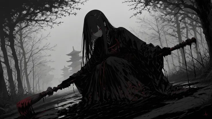 Masterpiece、Highest Quality、Ink painting、Japanese、Chinese、Suspicious Yokai no Natsu Matsuri、Overwhelming and bold brush strokes、monsters dancing Bon Dance around the Bon Dance Yagura、A different world with dark dead trees all around、Suspicious Fog Covers t...