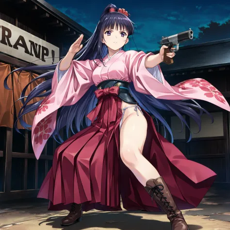 score_9_up, score_8_up, score_7_up,official art,anime coloring, BREAK,nsfw,1girl,solo,
Yomogawa Ayame  , Kabaneri of Iron Fortress, very long hair, high ponytail, dark haired, purple eyes,BREAK,japanese clothes,kimono,yagasuri,(andon hakama,long skirt,both...