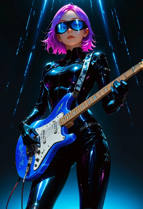 A futuristic female guitarist with short layered spiky purple hair, wearing a sleek black leather bodysuit with glowing neon cyan circuit-like lines and sleek black leather gloves with glowing neon cyan circuit-like lines. BREAK She holds a (glossy black e...