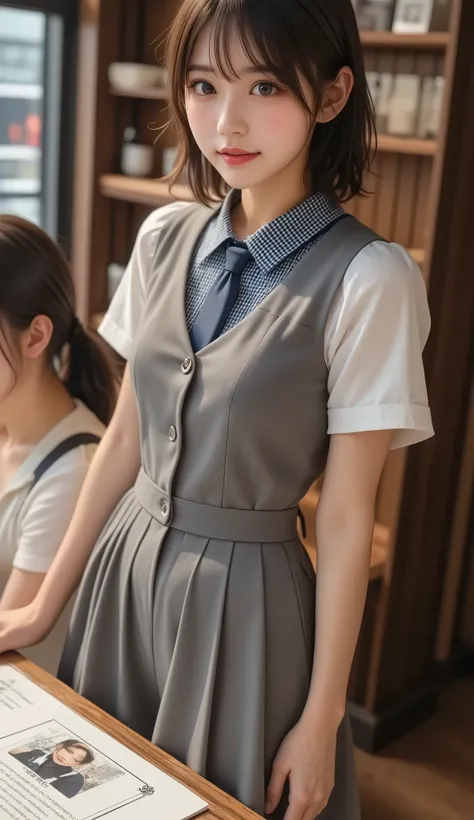 8k,ultra high definition , Highest Quality, Masterpiece,rule of thirds,golden ratio,surreal,Picture, one woman,masterpiece girl,perfect anatomy,short black hair with waist,hairstyle random,white short-sleeved blouse,check vest,medium length skirt,Neat and ...