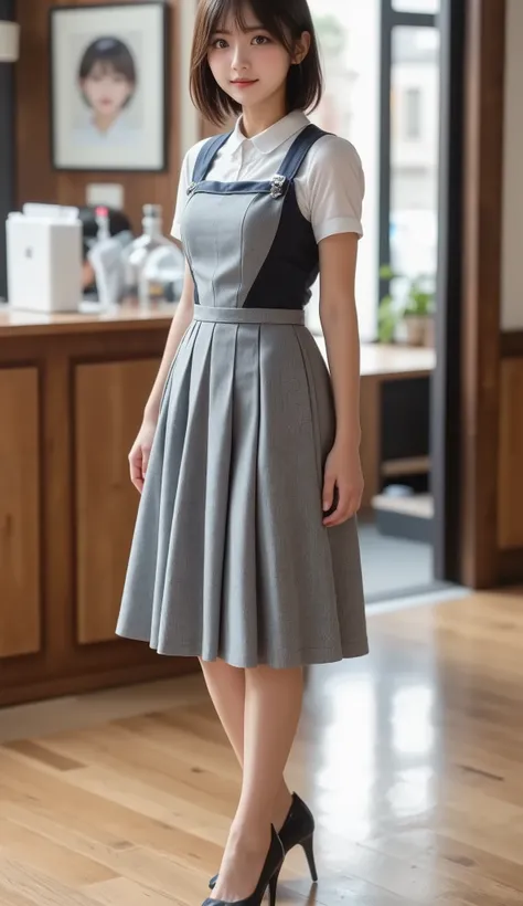 8k,ultra high definition , Highest Quality, Masterpiece,rule of thirds,golden ratio,surreal,Picture, one woman,masterpiece girl,perfect anatomy,short black hair with waist,hairstyle random,white short-sleeved blouse,check vest,medium length skirt,Neat and ...