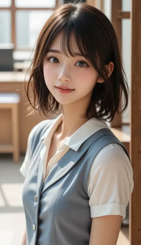 8k,ultra high definition , Highest Quality, Masterpiece,rule of thirds,golden ratio,surreal,Picture, one woman,masterpiece girl,perfect anatomy,short black hair with waist,Wavy bob,white short-sleeved blouse,light blue vest, medium length tight skirt ,Neat...