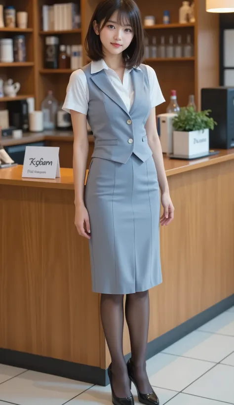 8k,ultra high definition , Highest Quality, Masterpiece,rule of thirds,golden ratio,surreal,Picture, one woman,masterpiece girl,perfect anatomy,short black hair with waist,Wavy bob,white short-sleeved blouse,light blue vest, medium length tight skirt ,Neat...