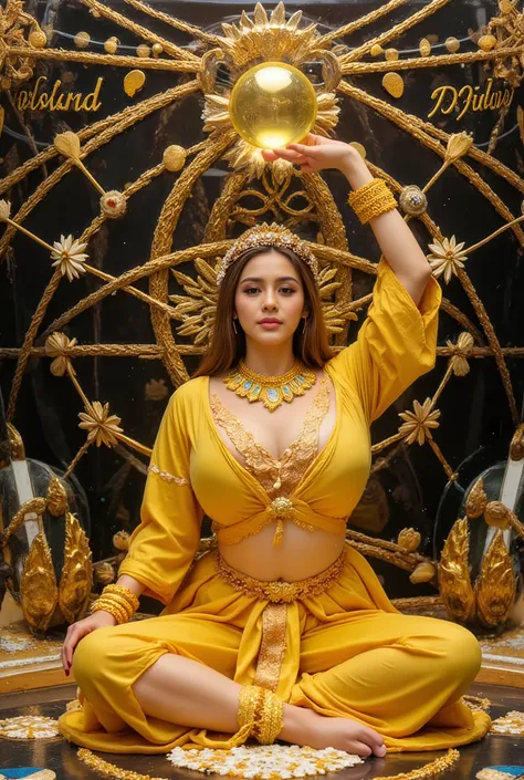 A mystical figure dressed in ornate yellow attire sits cross-legged, gracefully extending one arm vertically to hold a radiant golden orb. The figure's attire features elaborate patterns and layered fabrics, with long flowing sleeves and sashes accentuatin...