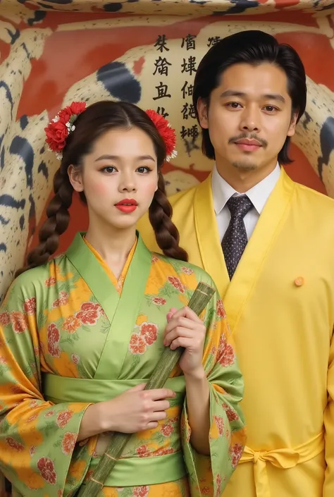 A young woman is portrayed wearing a traditional Japanese outfit with vibrant colors. Her attire features a kimono with a yellow and green color scheme, adorned with a detailed patterned fabric underneath. The woman has long brown hair styled in two braids...