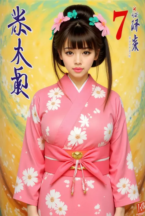 A vibrant anime character stands against a textured backdrop with shades of yellow-green and tan, accentuated by abstract patterns. Her long, dark hair is styled neatly into a top bun secured with a jade green hairpin beside decorative pink flowers. She we...