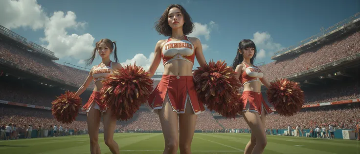 Epic painting High quality, masterpiece、Highest quality、masterpiece, 3 women,full height, front view, low-angle shot,
3 beautiful Japanese cheerleaders dancing、 A football field in America 、
All 3 wear the same cheerleading uniform、 
1st person is tall, 1s...