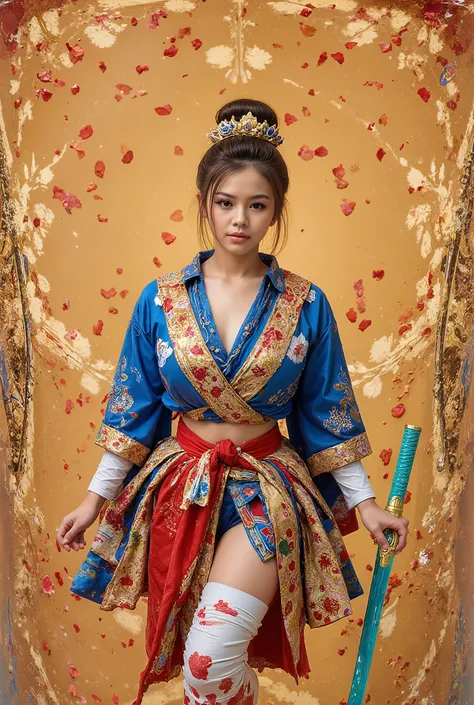 The image is a manga-style illustration showcasing a dynamic and vibrant scene with elements of fantasy. The central figure is a young woman dressed in a detailed and stylized attire, reminiscent of traditional Japanese clothing mixed with fantasy elements...