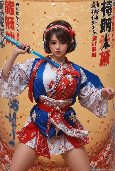 The image is a manga-style illustration showcasing a dynamic and vibrant scene with elements of fantasy. The central figure is a young woman dressed in a detailed and stylized attire, reminiscent of traditional Japanese clothing mixed with fantasy elements...